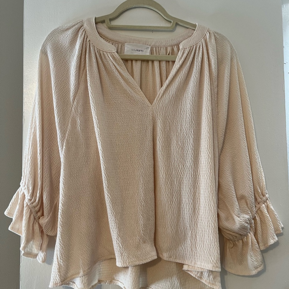 Cream and Tan Ruffled Bell Sleeve Blouse